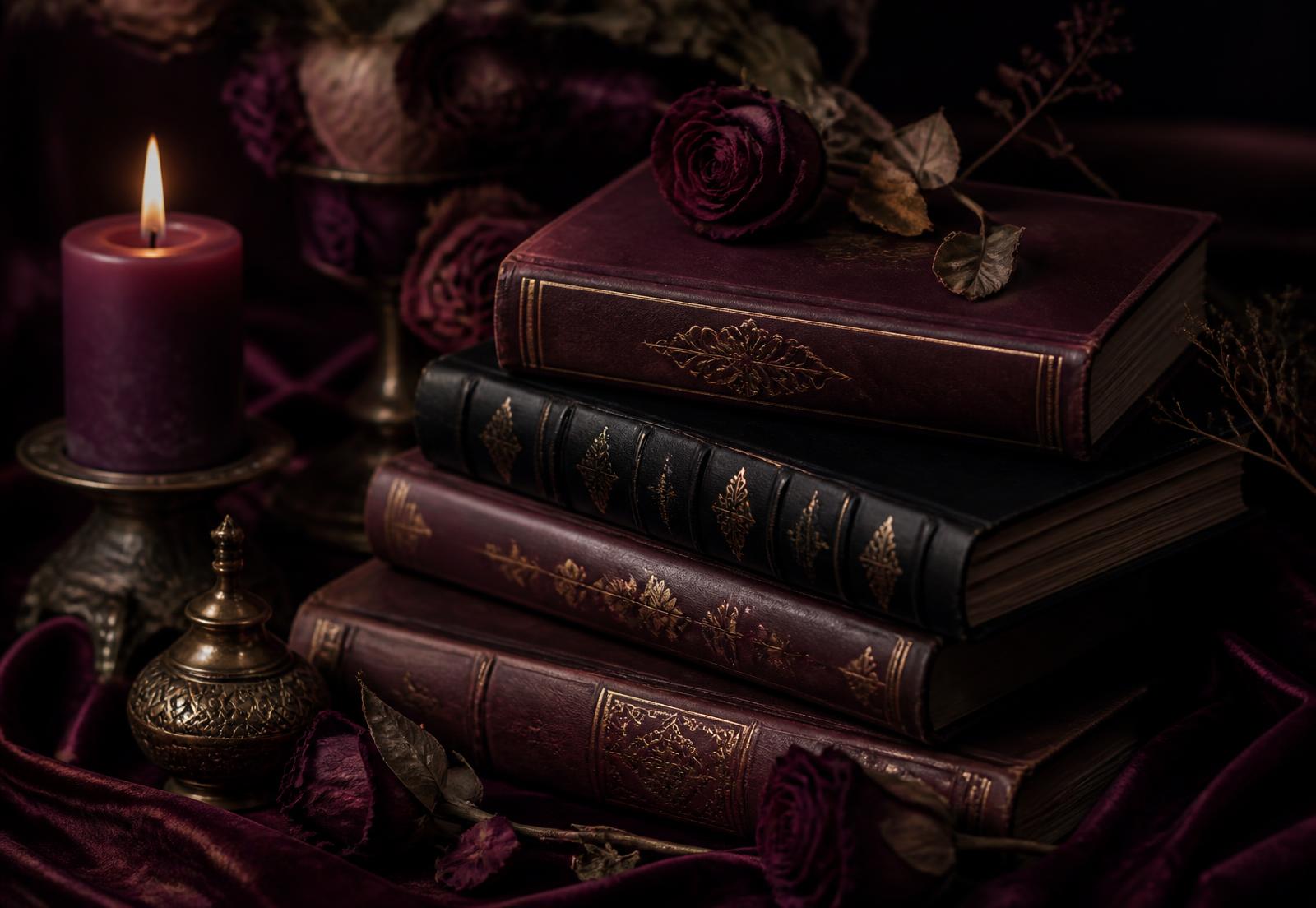 A stack of dark burgundy books with gold detailing beside a lit candle and dried roses